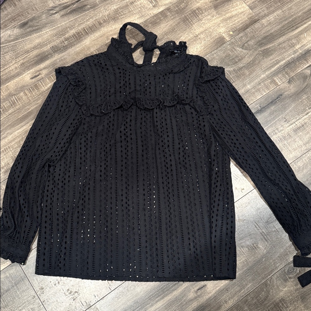 Women's Black Lace Eyelet Ruffle High-Neck Top
